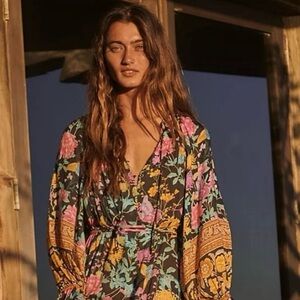 Spell Black Floral Long Sleeve V-Neck Dress with Pink, Teal & Yellow Blooms